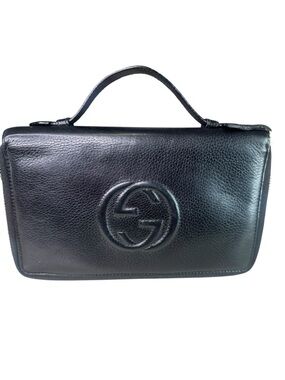 Gucci Black Pebbled Leather Toiletry Bag with Embossed GG
